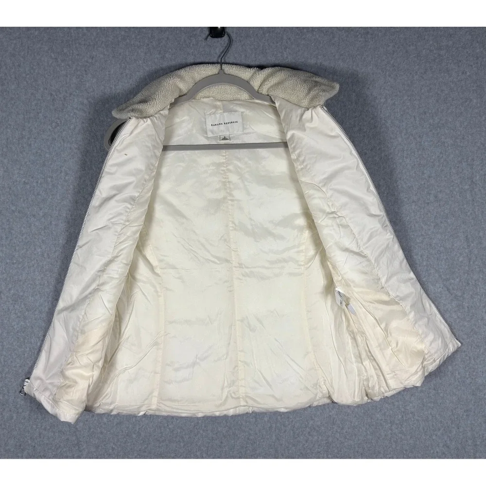 Banana Republic Womens Puffer Vest Cream Sherpa Lined Collar Small Off White